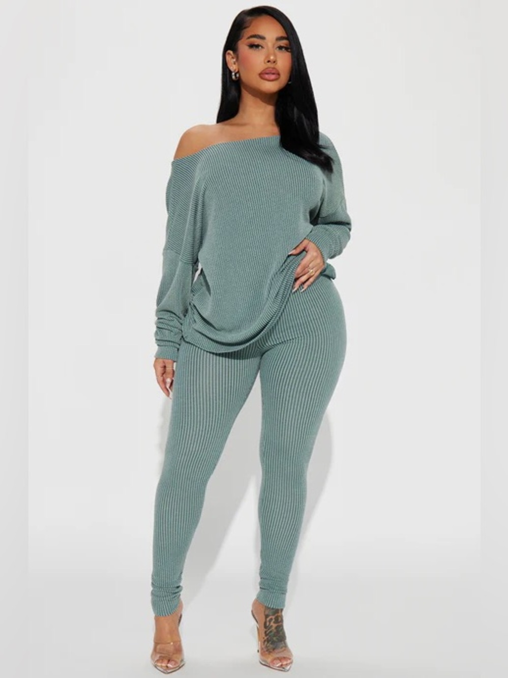 Fashion Nova Green Ribbed Legging Knit Two-Piece Set